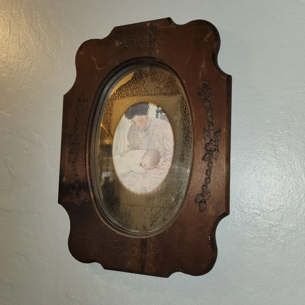 Antique 1930s Floral Etched Mirror Carved Wooden Frame